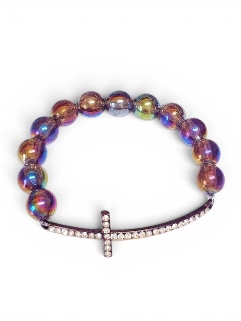 Rainbow Iridescent Sideways Cross Bracelet Stretch Y2K Gothic Girls Jewelry